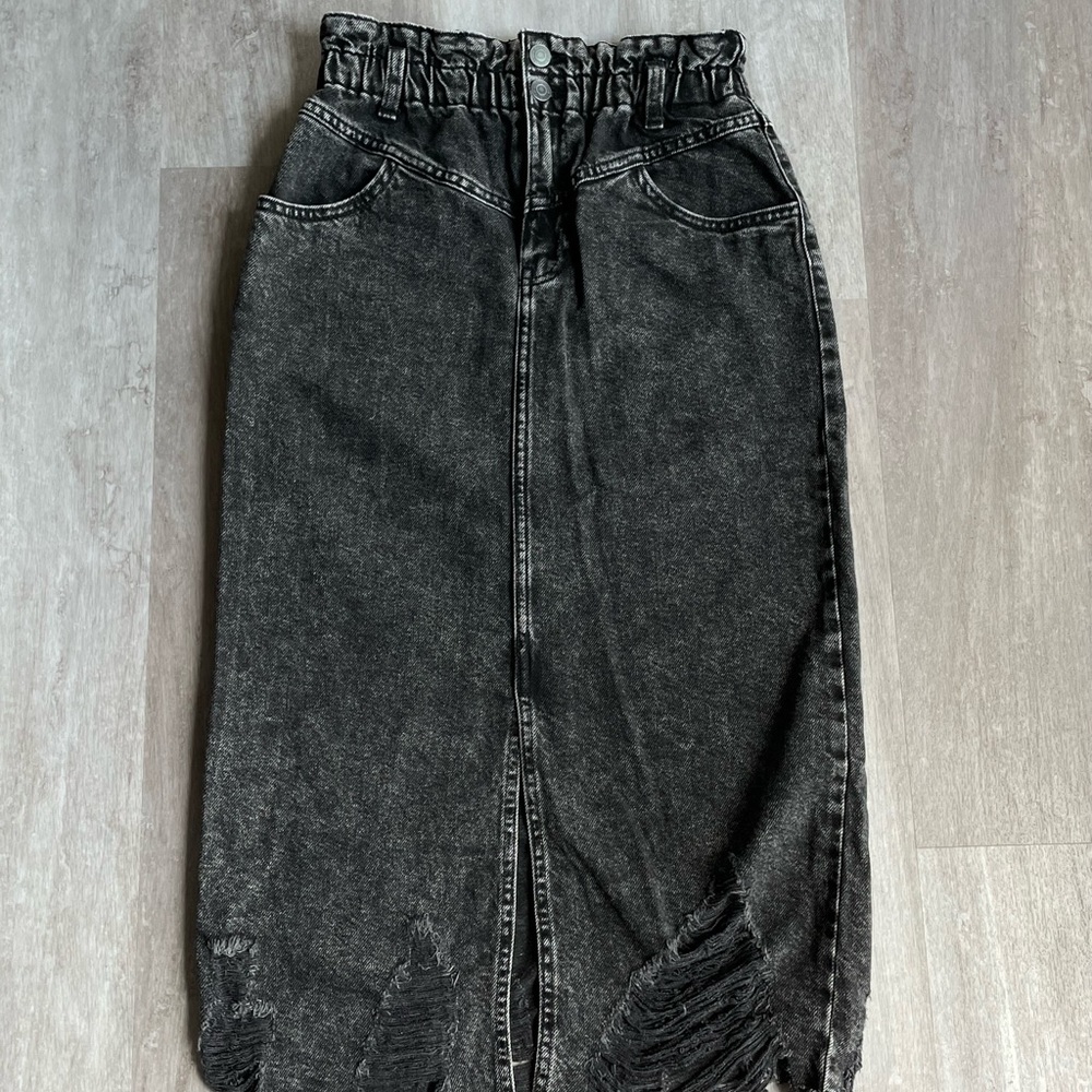 Bershka Distressed Denim Midi Skirt